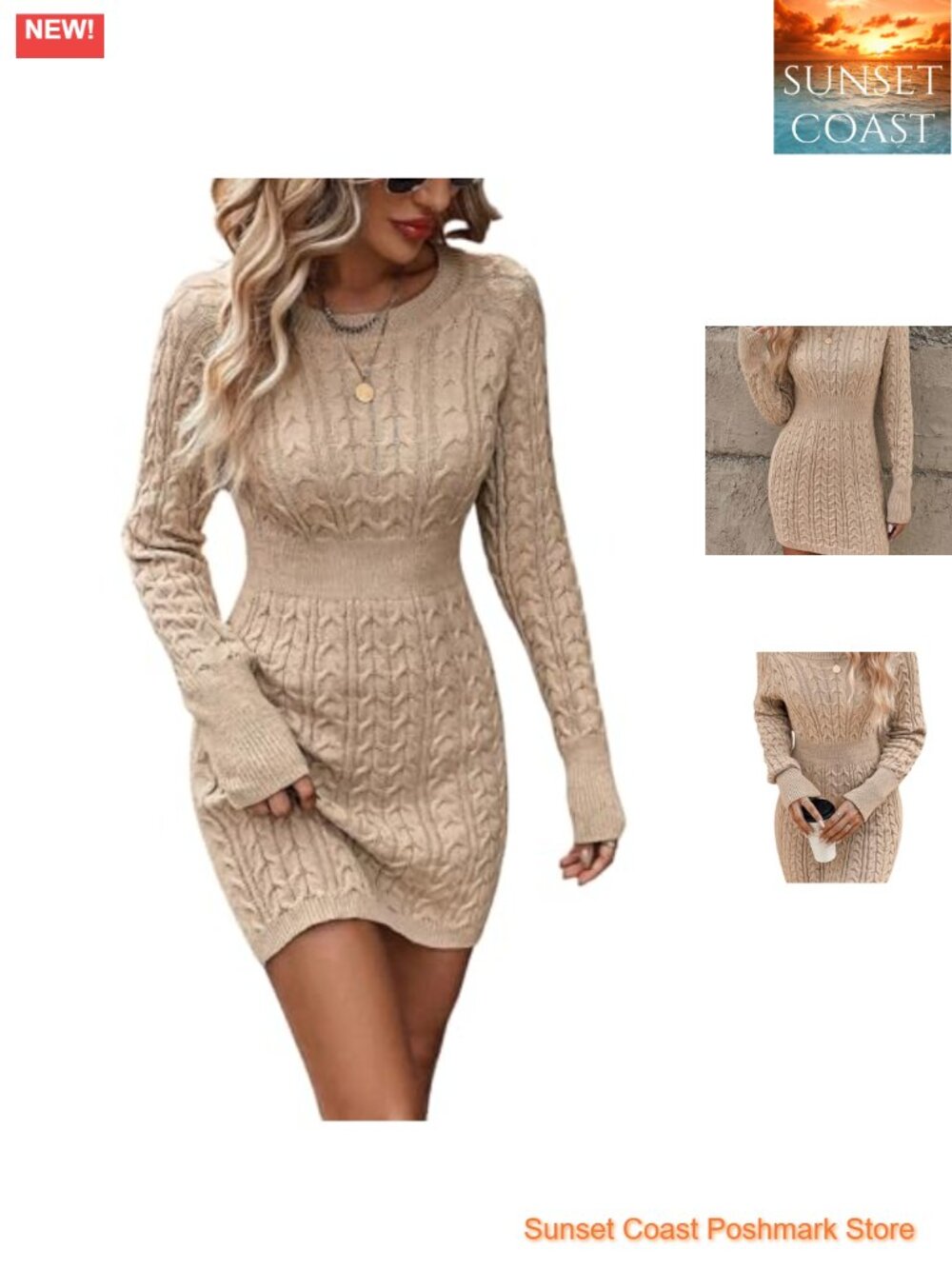 Cable Knit Sweater Dress Long Sleeve High Waist Fall Winter Casual